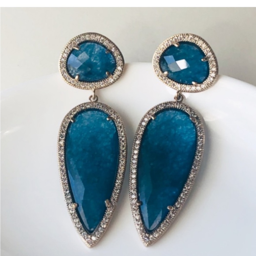Gold Plated Blue Quartz Statement Stud Drop Earrings (no backs)